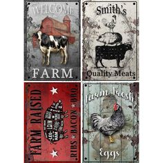 four metal signs with farm animals, chickens, and cows on them are shown in three different colors