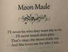 an open book with the words moon made written in black and white ink on it