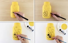 the process of painting a mason jar with bees