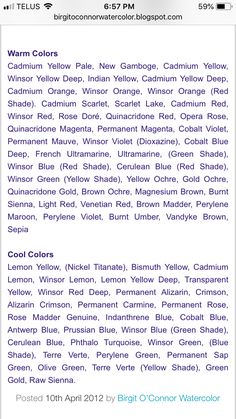 an iphone screen showing the color code for watercolors, which includes different colors and sizes