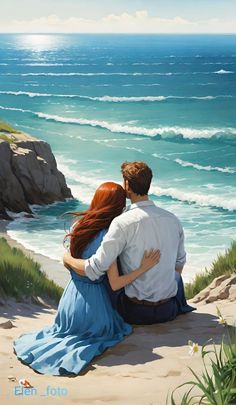 a painting of a couple sitting on the beach looking out at the ocean and cliffs