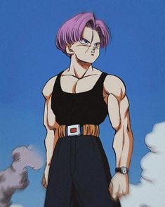 an anime character with purple hair standing in front of a blue sky and white clouds