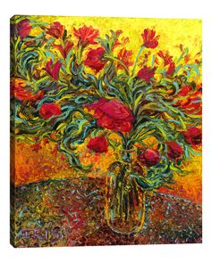 a painting of red flowers in a vase on a table with yellow and orange background