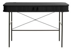 a black desk with metal legs and a drawer on the top, in front of a white background