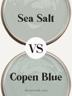 The image shows two open paint cans filled with light, muted shades of blue-green. The top can is labeled "Sea Salt," and the bottom can is labeled "Copen Blue." Both labels are in black text. A circular shape with "VS" in the center is placed between the two cans, indicating a comparison between these two similar colors. "Sea Salt" appears slightly lighter and more subdued than "Copen Blue," which has a slightly deeper and richer tone. Sea Salt Vs Copen Blue, Sherrington Williams Sea Salt, Sw Sea Salt Bathroom, Copen Blue Sherwin Williams, Sw Sea Salt Color Palette, Sw Copen Blue, Sherwin Williams Copen Blue, Sea Salt Coordinating Colors, Best Blue Green Paint Colors