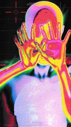 an image of a person holding their hand up to the viewer's eye with colored lines on it