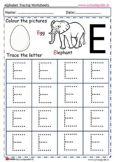 the letter e worksheet with an elephant, egg and letters to write it