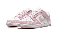 The Women’s Nike Dunk Low “Pink Corduroy” is a women’s-exclusive colorway of the retro basketball shoe with pink corduroy overlays.  A summertime-inspired look, the Dunk Low “Pink Corduroy” features a white leather base with pink corduroy overlays and Swoosh branding.  The corduroy panels replace the Dunk’s traditional leather construction.  As far as branding is concerned, a “Nike” logo is embroidered on the heel and printed on the tongue tag.  Underfoot, the white rubber midsole and pink rubbe Jordans Low, Nike Dunks Low, Snicker Shoes, Retro Basketball Shoes, Tenis Nike, Preppy Shoes, Trendy Shoes Sneakers, Pink Nikes, All Nike Shoes