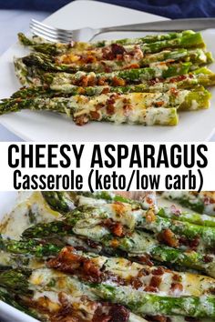 asparagus casserole with cheese and bacon on top in a white serving dish