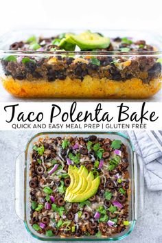 taco pokenta bake in a glass casserole dish with avocado on top