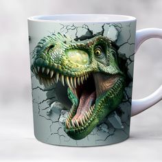 a coffee mug with an image of a dinosaur's head breaking through the wall