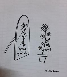 a drawing of a mirror with flowers in it next to a potted plant on the floor