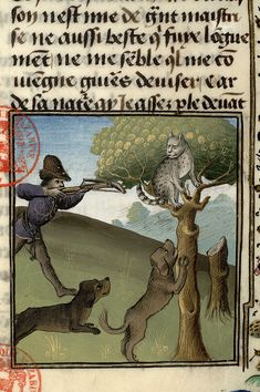 a medieval manuscript with an illustration of a man and two dogs in front of a tree