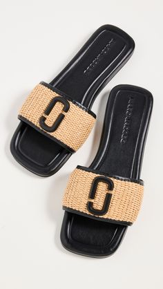 Fast Free Shipping & Free Returns on Marc Jacobs The J Marc Raffia Sandals at Shopbop. Shop new arrivals from Marc Jacobs at Shopbop.com Black Sandals Flat, Raffia Sandals, Marc Jacobs Shoes, Medium Tote Bag, Marc Jacobs Tote, Sandals Outfit, Logo Emblem, Woven Raffia, Jacob Black