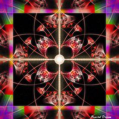 an abstract design with red, yellow and green colors in the center on a black background