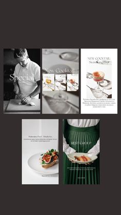 brochures and booklets are displayed in black and white colors, with an image of a chef preparing food