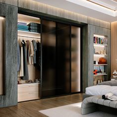 a bedroom with a bed and closets in it