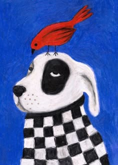 a painting of a dog with a red bird on top of it's head