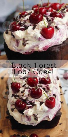 black forest log cake with cherries and whipped cream on top is shown in two different views