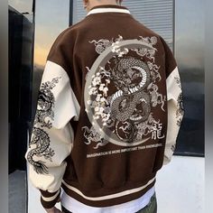 Varsity Jacket Size Large Mens Coat Anime New Bomber Dragon Brown Japanese New In Package Streetwear Fashion Jacket, Outfit Bombers, Sanrio Jacket, Eboy Fashion, Budget Board, Men's Street Wear, Japan Clothes, Dragon Jacket, Outfit Drawings