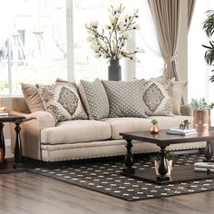 Jaylinn Light Brown Sofa in T-Cushion Seat- Saddled Arms, nailhead trim, pillows inlcuded London Sofa, Transitional Sofa, Chenille Sofa, Florida Style, Sofa Fabric, Traditional Sofa, Set Designs, Living Room Collections, Brown Sofa