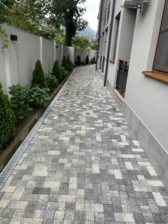 a brick walkway between two buildings with trees and bushes on either side, in front of the house