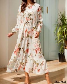 Olivia Mark - Elegante y Versátil Vestido de Línea A - Gasa Estampada con Cuello Redondo, Cintura Alta y Mangas Largas Floral Print Dress Long, Bohemian Maxi, Bohemian Women, Dress Women Elegant, Bohemian Maxi Dress, Dress Chiffon, Long Sleeve Casual Dress, Beach Maxi Dress, Long Dress Casual