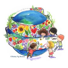 children are painting on the top of a large blue object with flowers and plants around it