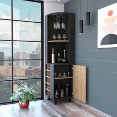 a room with a large window and a wine rack on the wall next to a potted plant