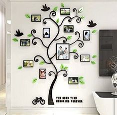 a family tree with pictures and birds on it