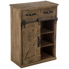 an old wooden cabinet with sliding doors on the door and shelves below it, isolated against a white background