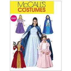 an adult and child's costume sewing pattern with capes, gowns, dresses