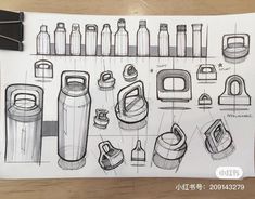 a drawing of different types of bottles and blenders on a piece of white paper