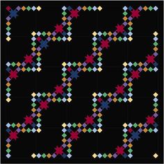 a black background with multicolored squares and stars on the bottom, in different colors