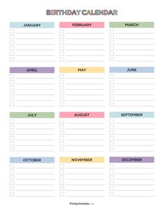 a printable birthday calendar with colorful lines