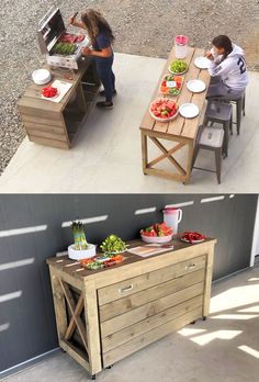 two photos side by side of a table with food on it