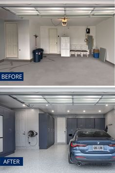 before and after photos of an empty garage