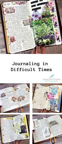 an open book with flowers in it and the words journaling in difficult times written below