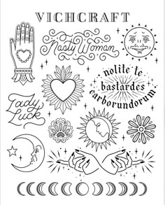 a black and white drawing of different tattoos