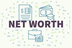 the word net worth surrounded by icons such as money, credit cards, and folders