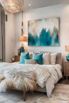 a bedroom with a large painting on the wall above the bed and fur rugs on the floor