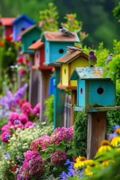 colorful bird houses lined up in the garden