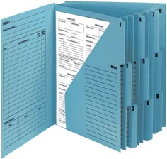 a blue binder is open on top of each other, with five sections in it