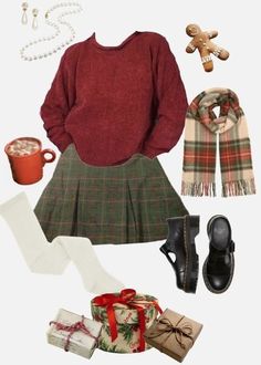 casual Christmas party outfit idea: red sweater + plaid mini skirt + Mary Janes 90s Christmas Aesthetic Outfits, Red Christmas Outfit Aesthetic, Vintage Christmas Outfit Aesthetic, 90s Christmas Outfit, Christmas Clothes Aesthetic, Christmassy Outfits, Vintage Christmas Outfits, Vintage Christmas Outfit, Christmas Shopping Outfit