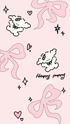 a pink background with black and white drawings on the bottom right corner is an image of clouds, hearts, stars and bows