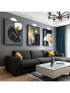 a modern living room with grey walls and yellow accent pillows on the couch, coffee table