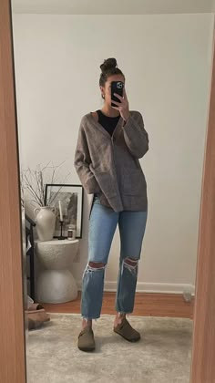 In Style Jeans 2023, Birk Clogs Outfit Winter, Cozy Semi Formal Outfits, Simple Dressed Up Outfits, Texas In Winter Outfits, Outfits With Mom Jeans Winter, Jeans And Short Boots Outfit, Womens Midrise Straight Jeans Outfit, Fall 223 Outfits