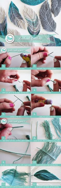 the steps to make feathers with yarn and crochet are shown in this video