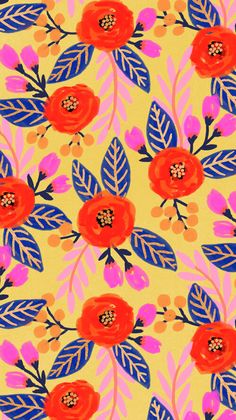 an orange and blue flower pattern on a yellow background with pink, red and blue leaves