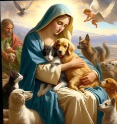 there is a woman holding a dog and many other animals in the background with an angel above her